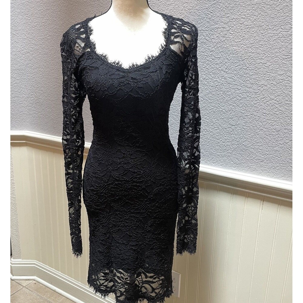 VTG Jump Apparel Black Lace Dress Long Sleeve Bodycon Whimsigoth Women XS 3 4